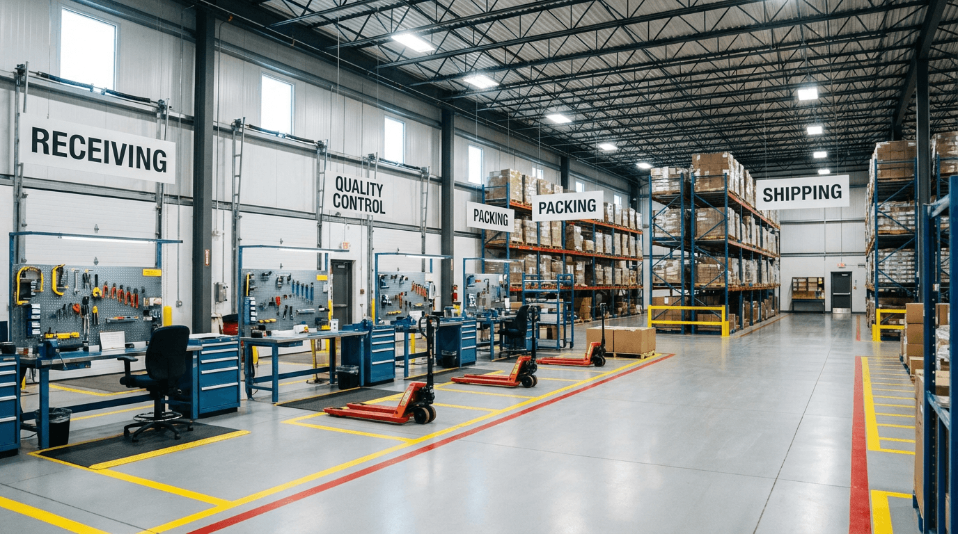 Warehouse setup and support services - workstations, signage, floor markings, and facility prep